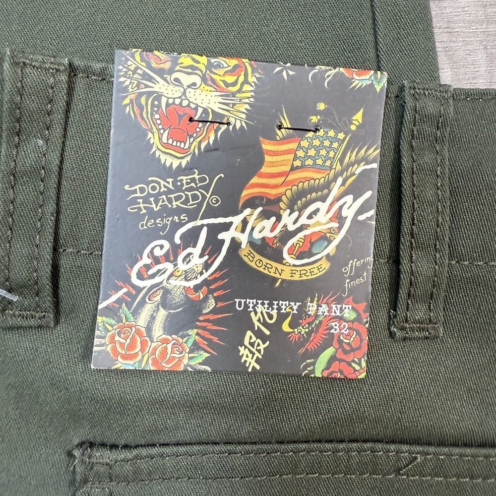 Ed Hardy Men's Screaming Tiger Straight Pants Utility Y2K Olive Size 32 NEW - Picture 5 of 8